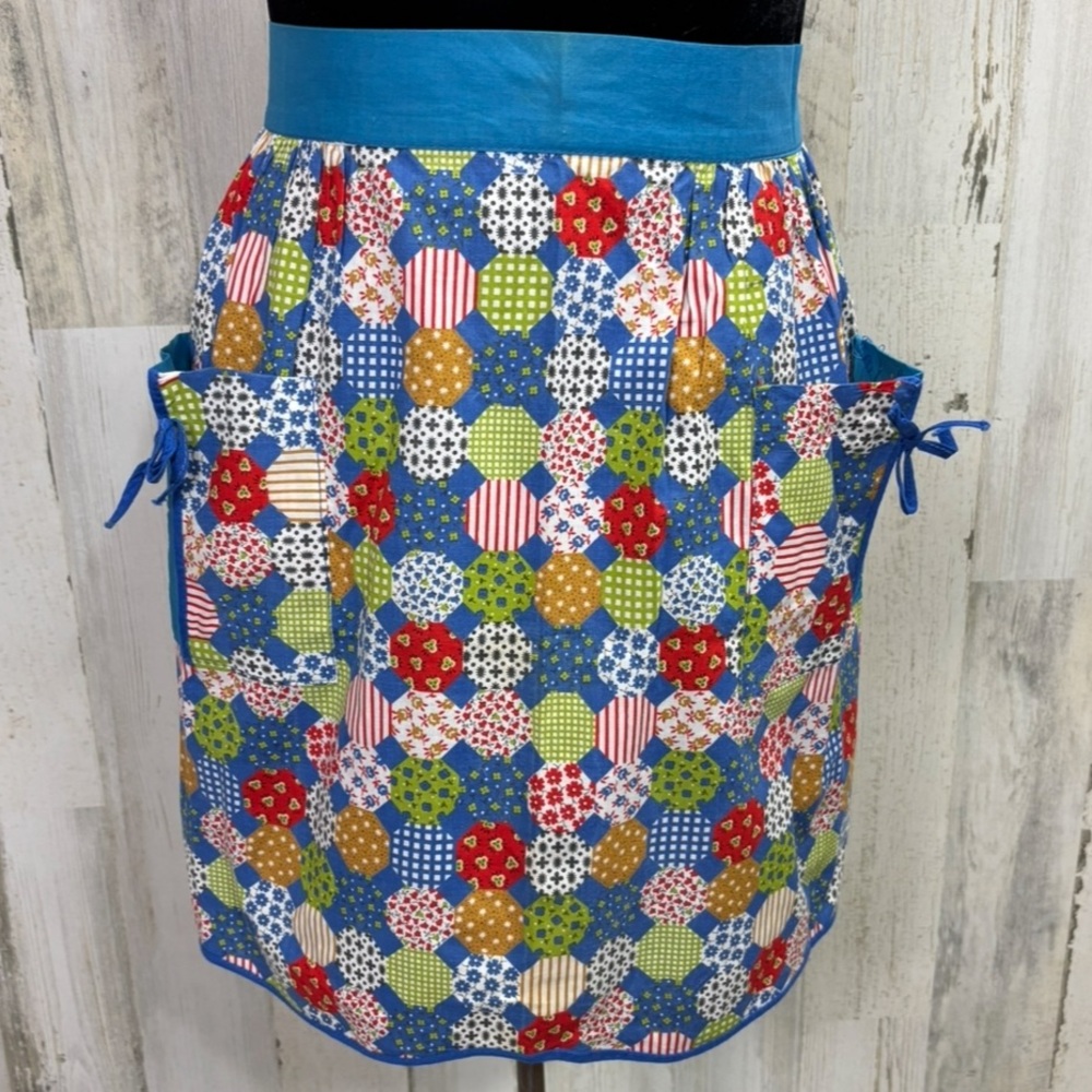 Vintage Handmade Blue Patchwork Pattern Half Apron - image 1